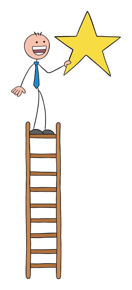 Stickman businessman has climbed to the top of the wooden ladder and is holding a star, hand drawn outline cartoon vector illustration