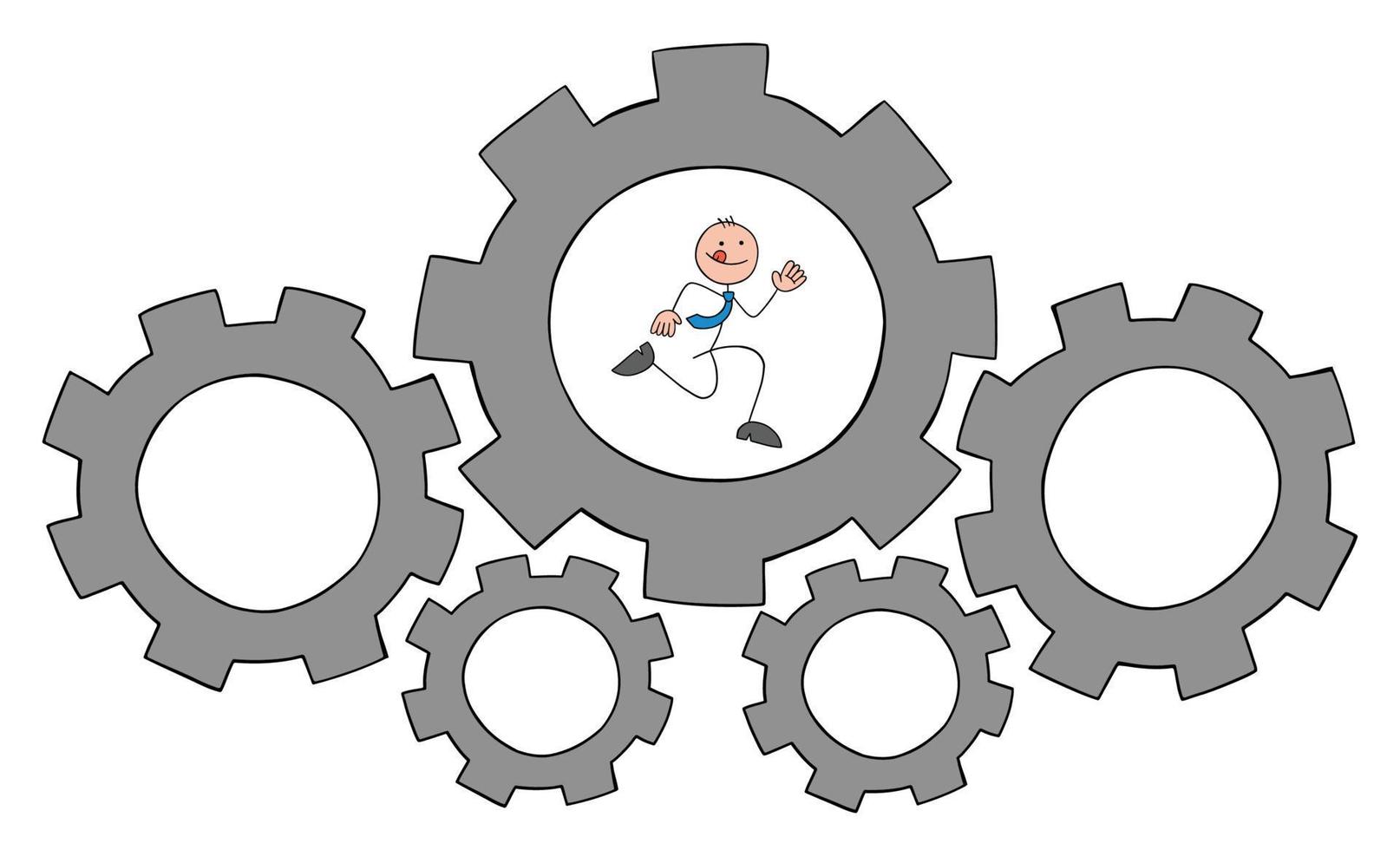 Stickman businessman are running in the spinning gears, hand drawn outline cartoon vector illustration