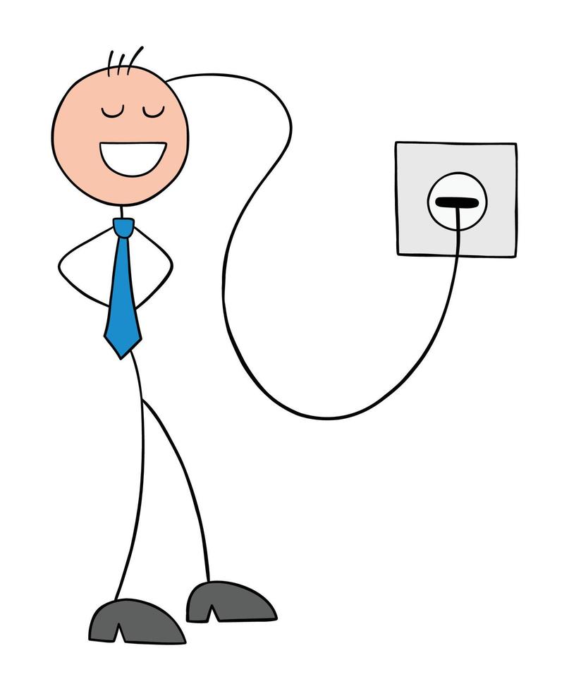 Stickman businessman has a wire in his head and is charging his brain, hand drawn cartoon vector illustration