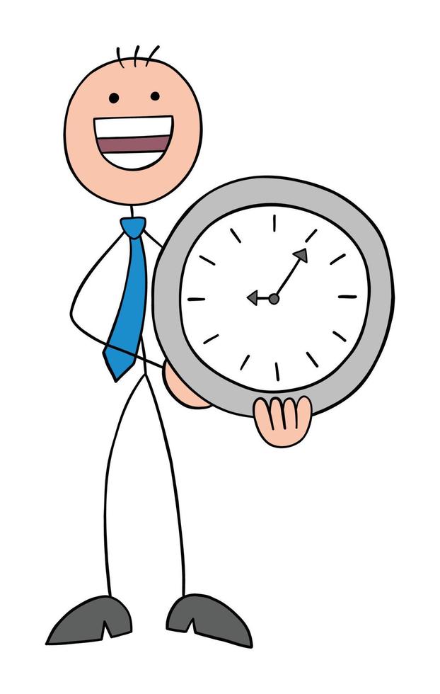 empresario stickman sosteniendo reloj y muy feliz, ilustración de vector de dibujos animados dibujados a mano