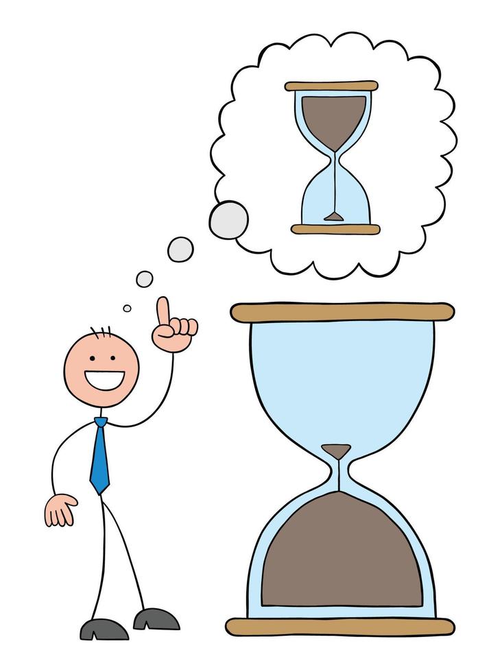 Stickman businessman is in front of the hourglass that is almost finished and he has an idea to turn it upside down, gain time again vector