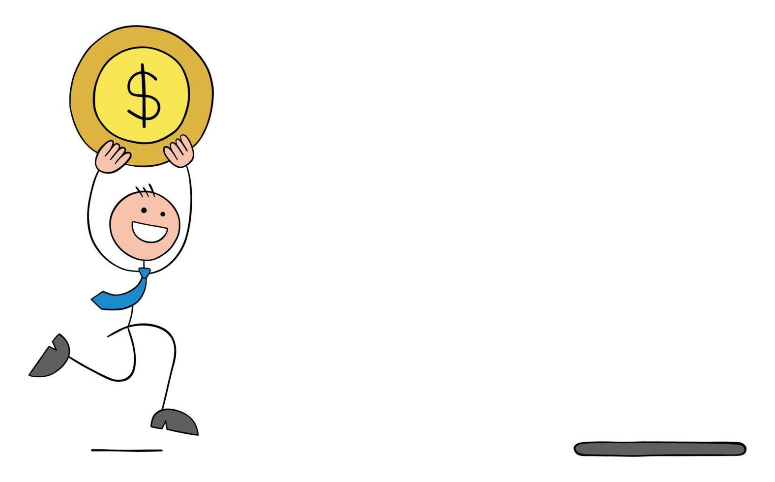 Stickman businessman running and carrying dollar coin to moneybox hole, he is investing his money, hand drawn outline cartoon vector illustration