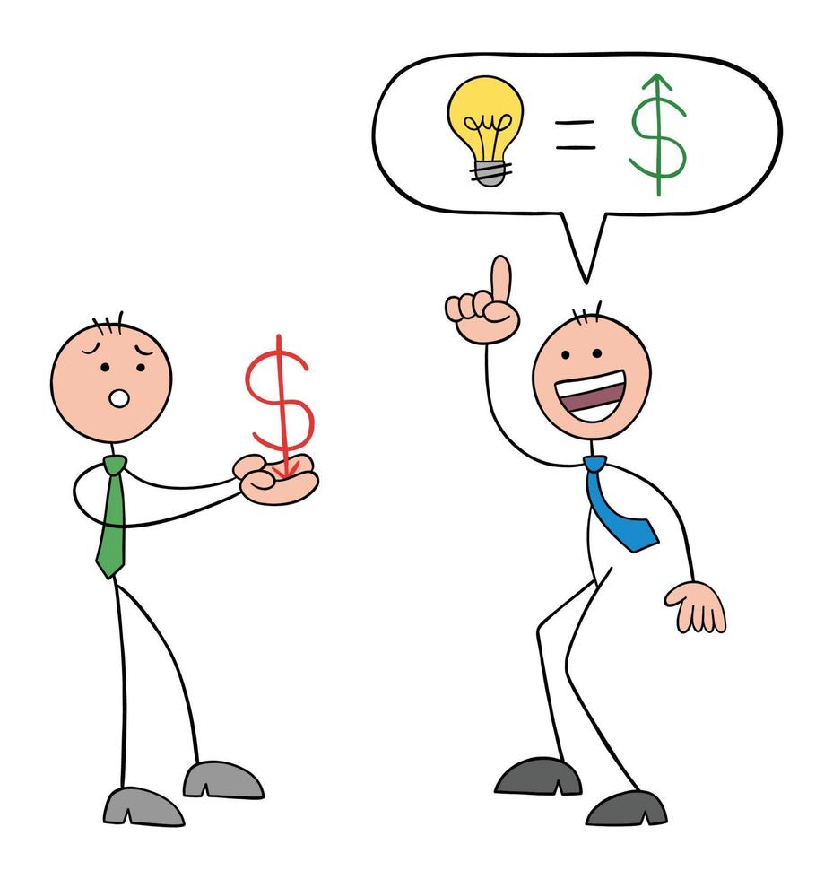 Stickman businessman is unhappy and is holding a falling dollar symbol, his other friend tells him he has the perfect idea to get his lost money back vector