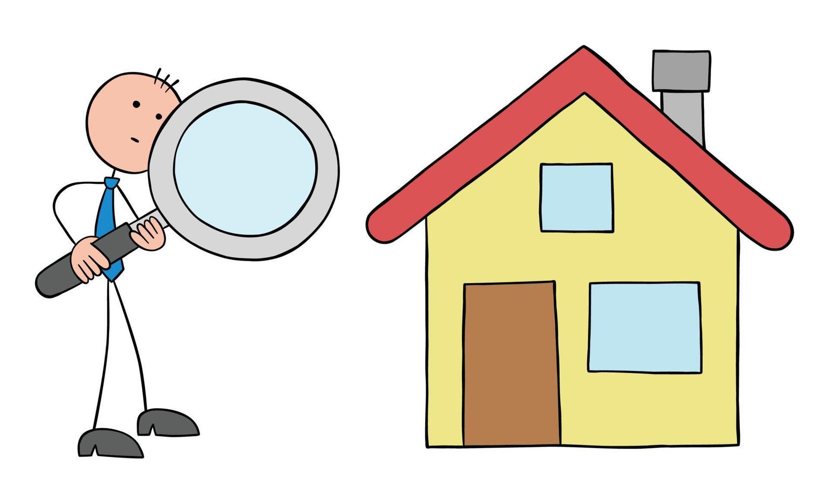 Stickman businessman looking at home holding magnifying glass, hand drawn outline cartoon vector illustration