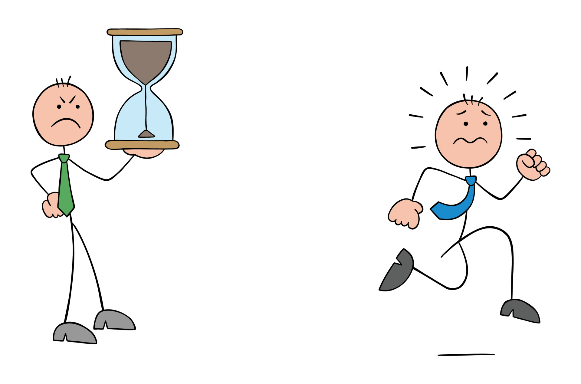 Angry stickman boss holding hourglass stickman employee to complete project before deadline 5468984 Vector Art at Vecteezy