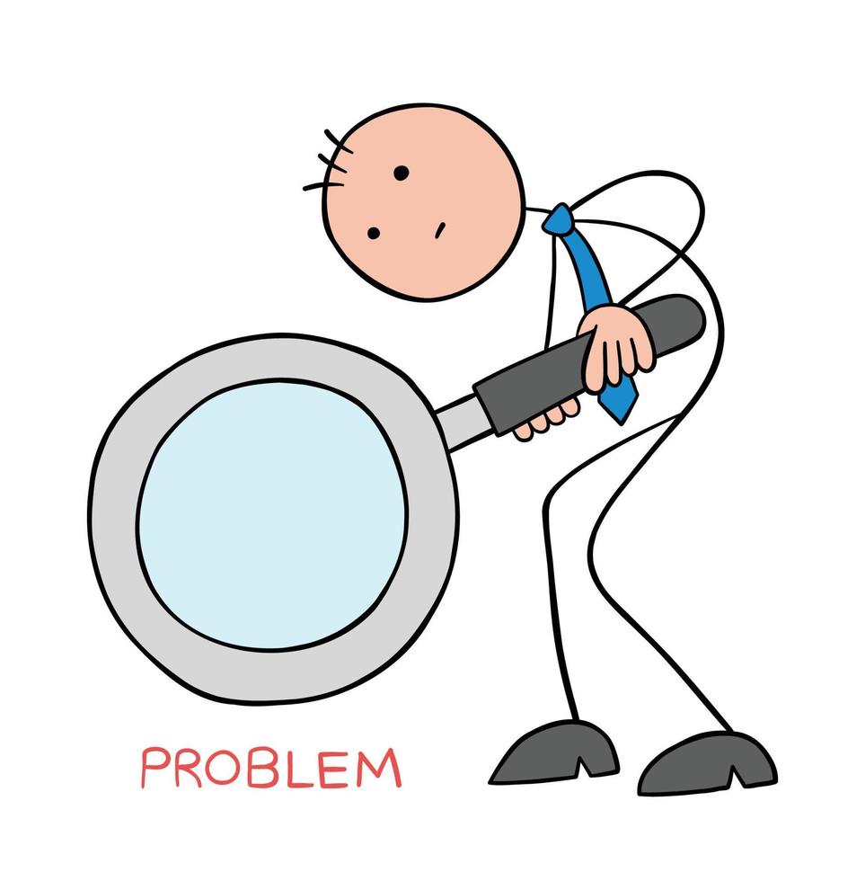 Stickman businessman examines small problem word with magnifying glass, hand drawn outline cartoon vector illustration.