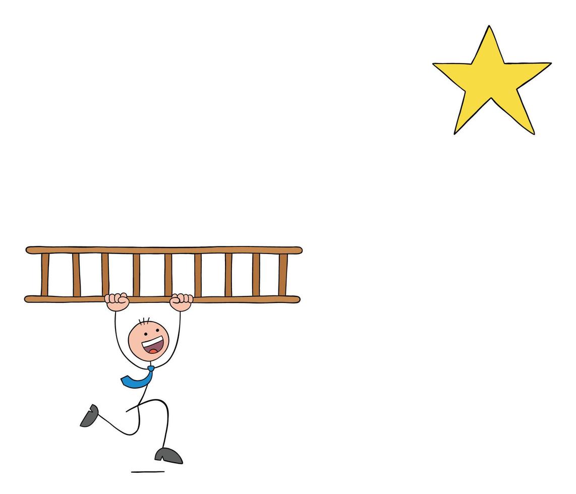 Stickman businessman carries the wooden ladder to reach the star above, hand drawn cartoon vector illustration.