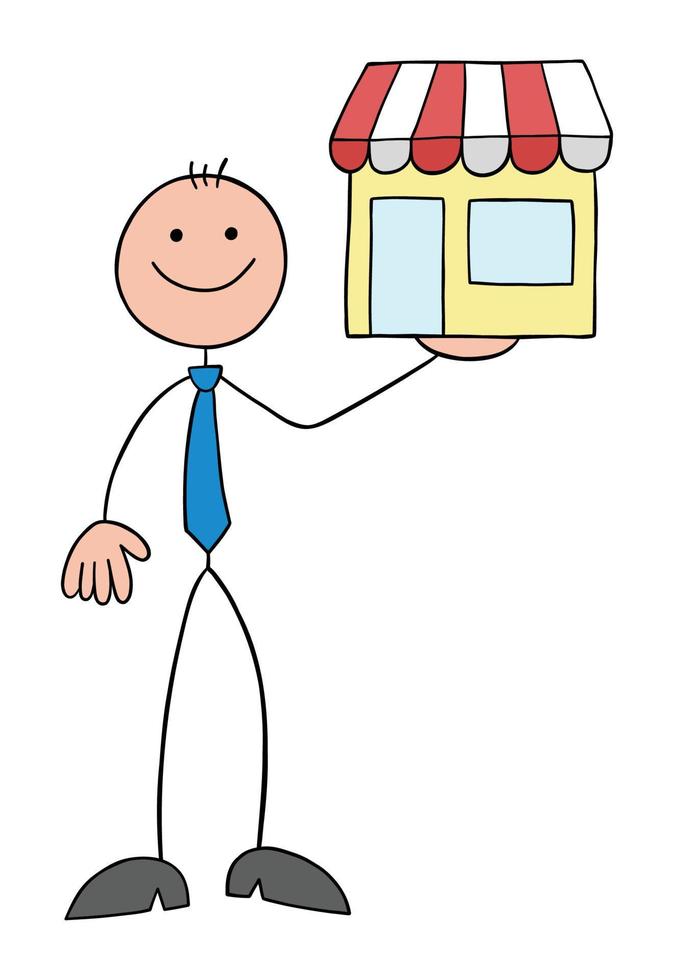 Stickman businessman is holding a shop and smiling, hand drawn outline cartoon vector illustration