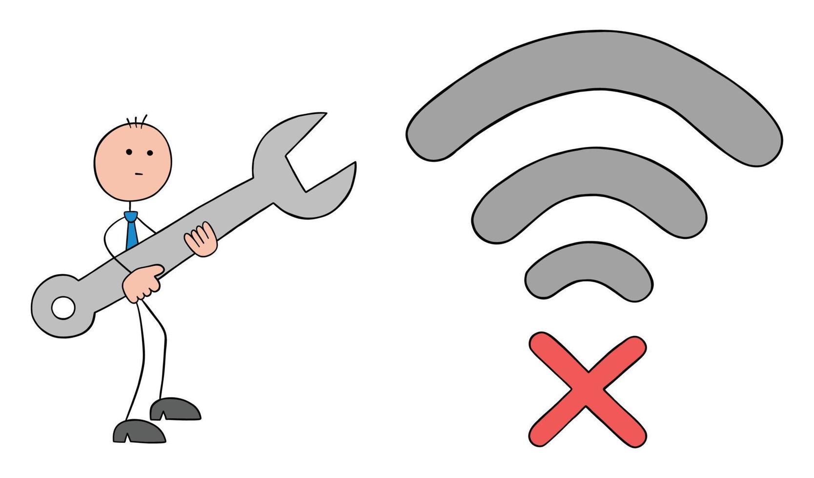 Stickman businessman trying to fix wifi signal with connection error, hand drawn outline cartoon vector illustration