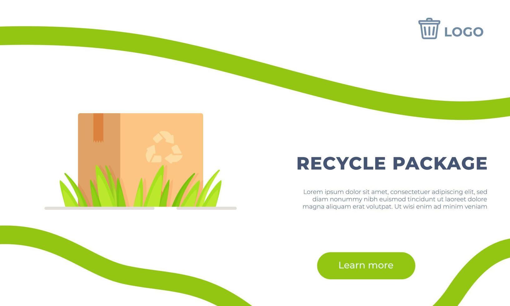 Vector illustration of recycle box template. Concept of a cardboard box standing on the grass.