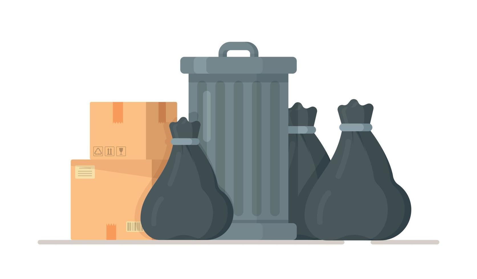 Pile of garbage bags isolated on white background. Bags full of garbage, bags and trash. Vector illustration of black trash bags standing near a trash can.