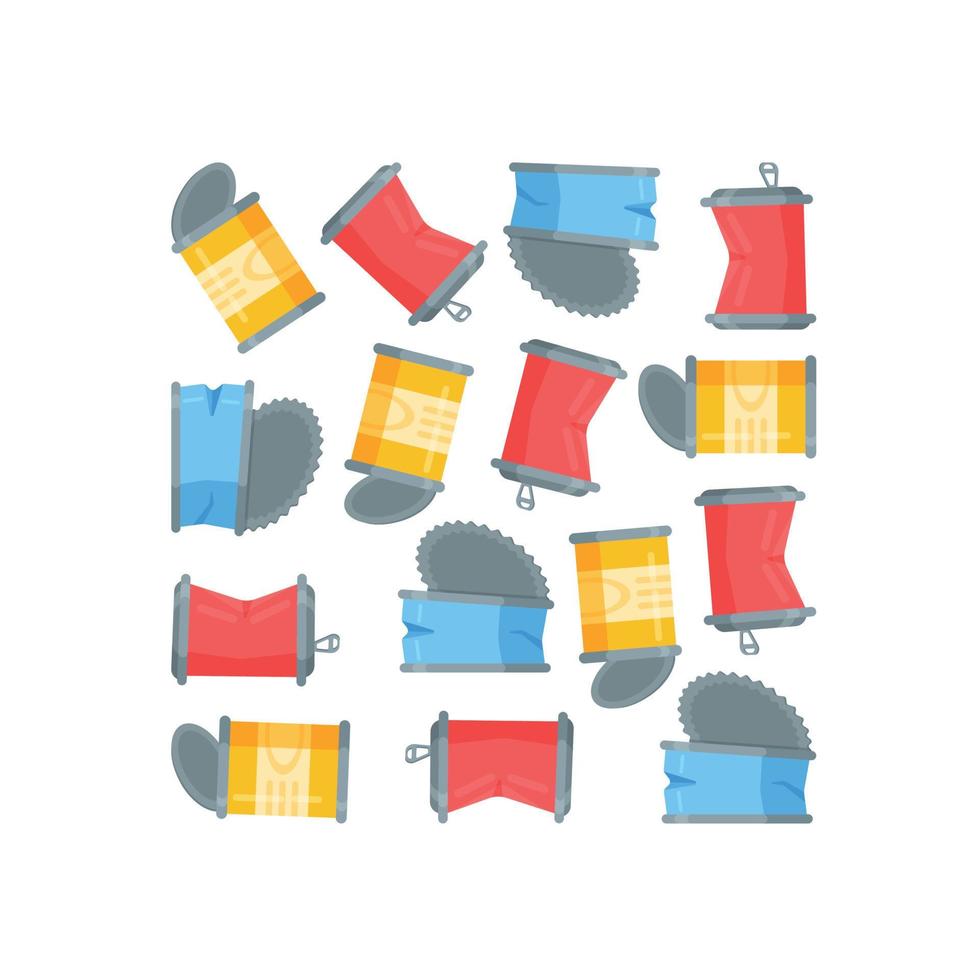 A set of used canning cans.  Vector illustration of throwing garbage into a trash can. Collection of waste for recycling.