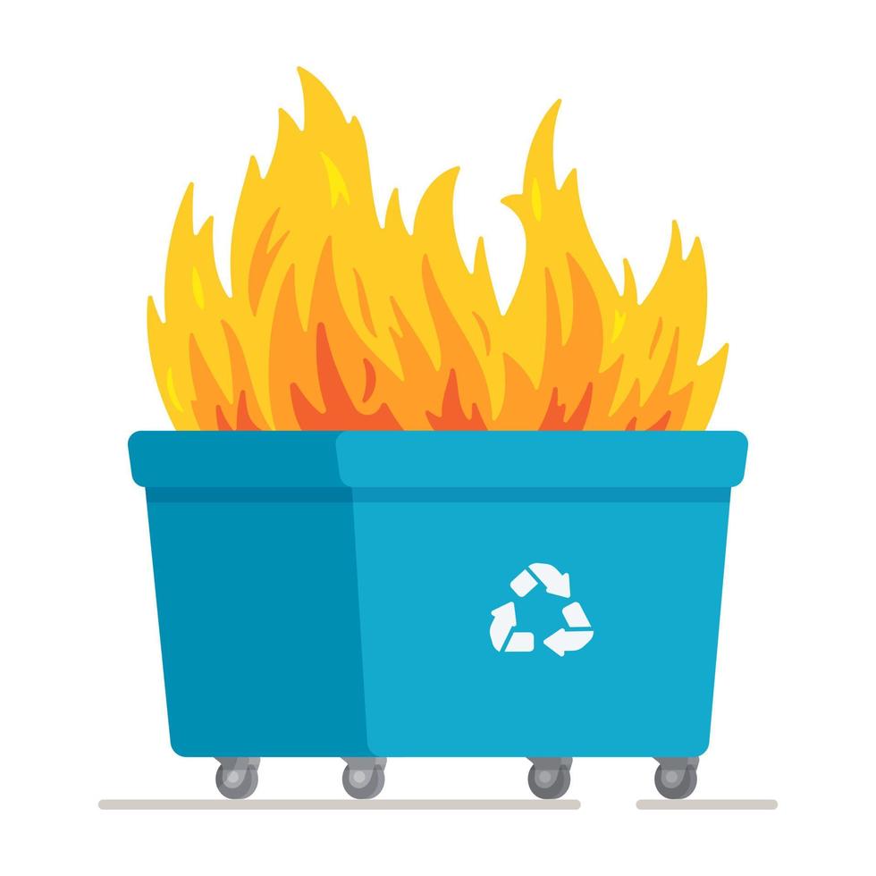 ilustración vectorial del fuego de la papelera. consecuencia de violaciones de seguridad. gran papelera de reciclaje azul sobre fondo blanco. vector