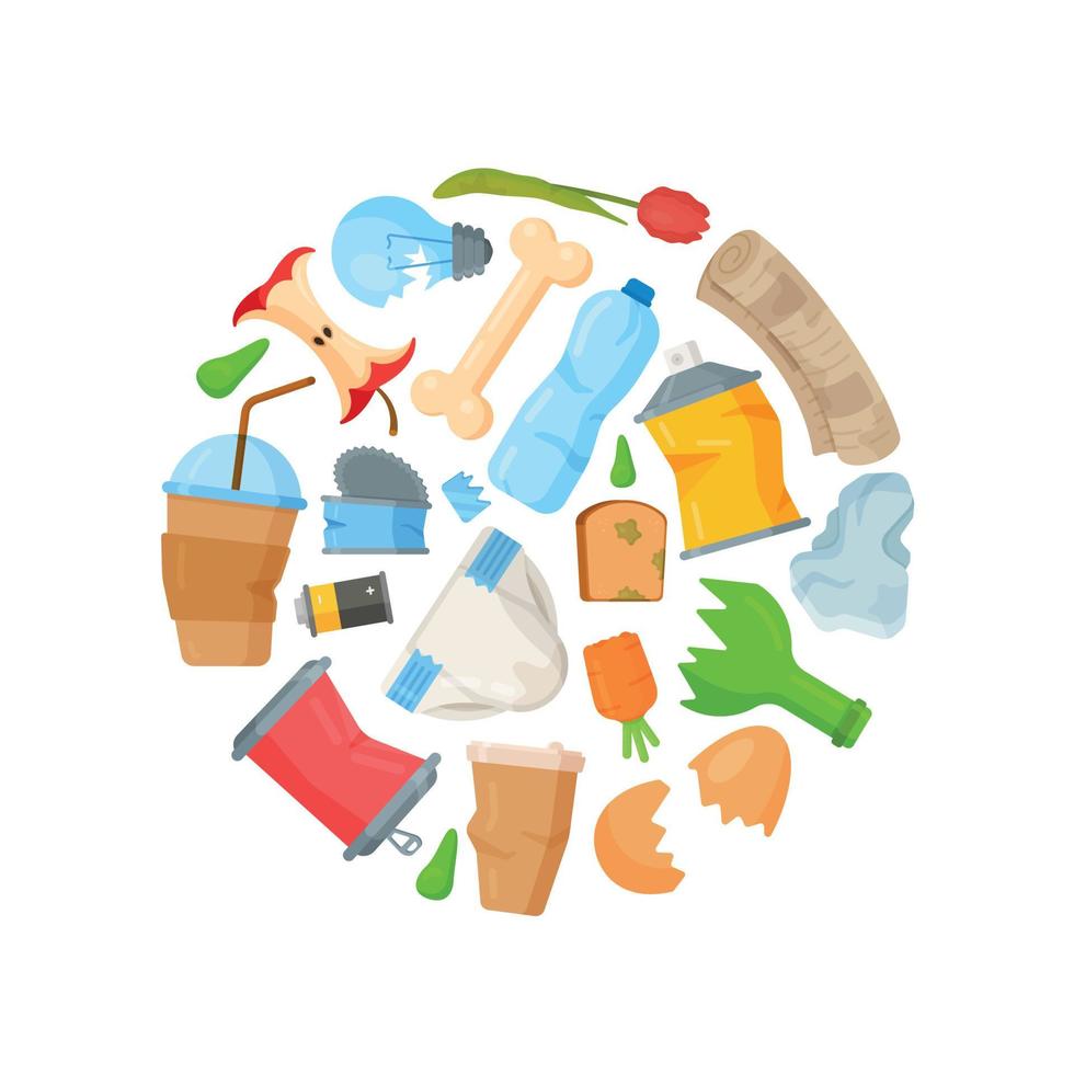 Vector illustration of broken bottles, broken things, waste. Collection of stumps, bent cans.