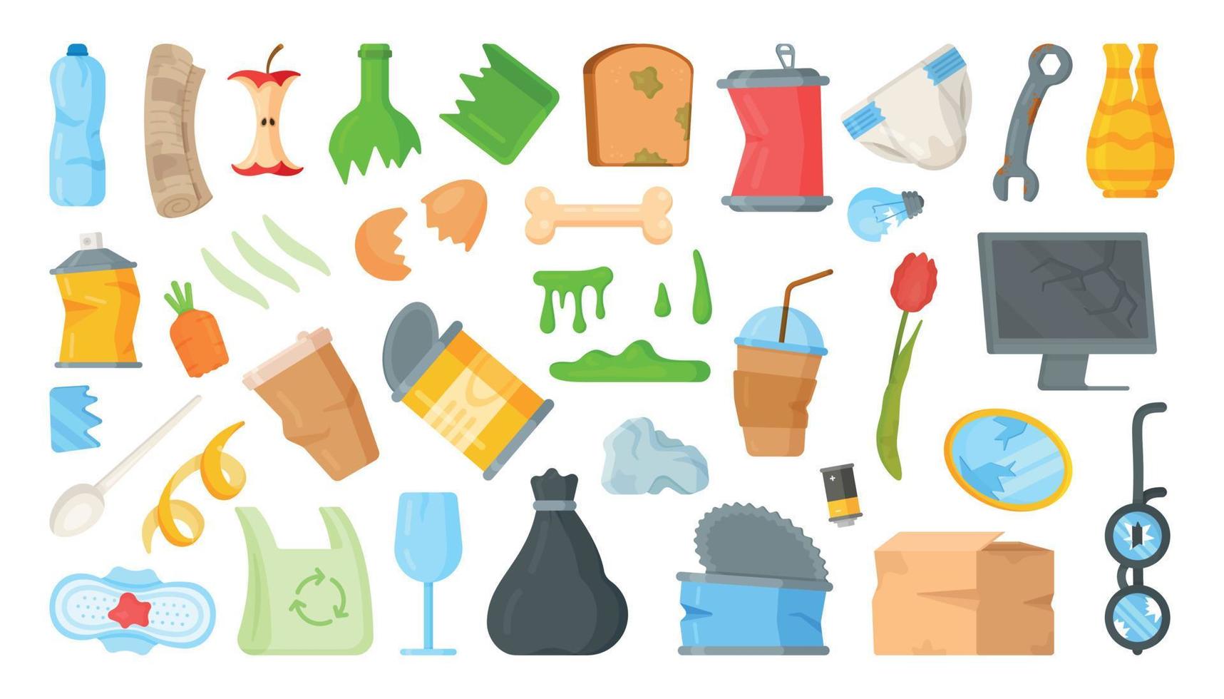 Vector illustration of garbage collection in a container. Bottles, cans, canned food, leftovers, gaskets, broken things.