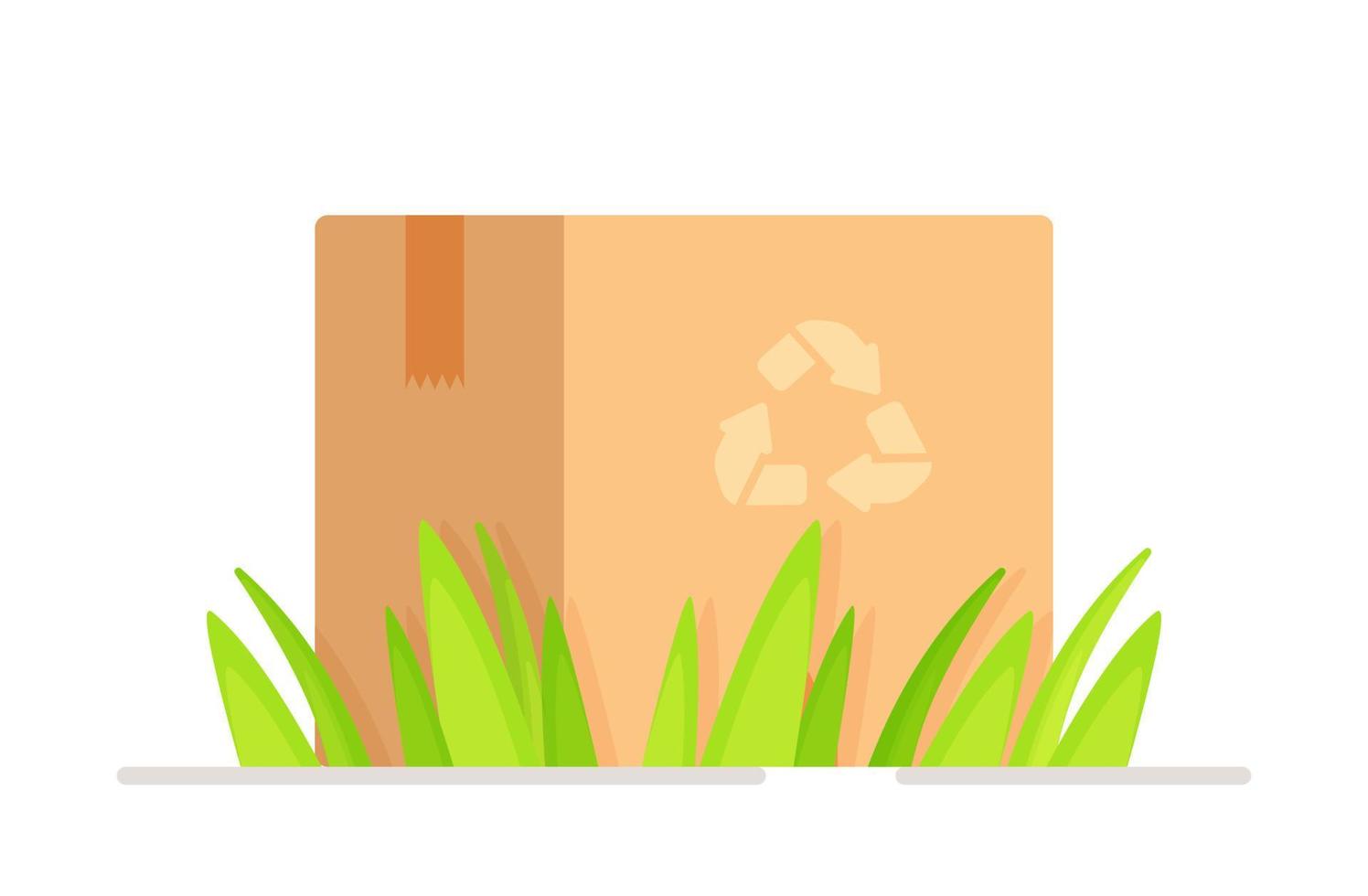 Vector illustration of recycle box standing in the grass on a white background. Recycle box concept.