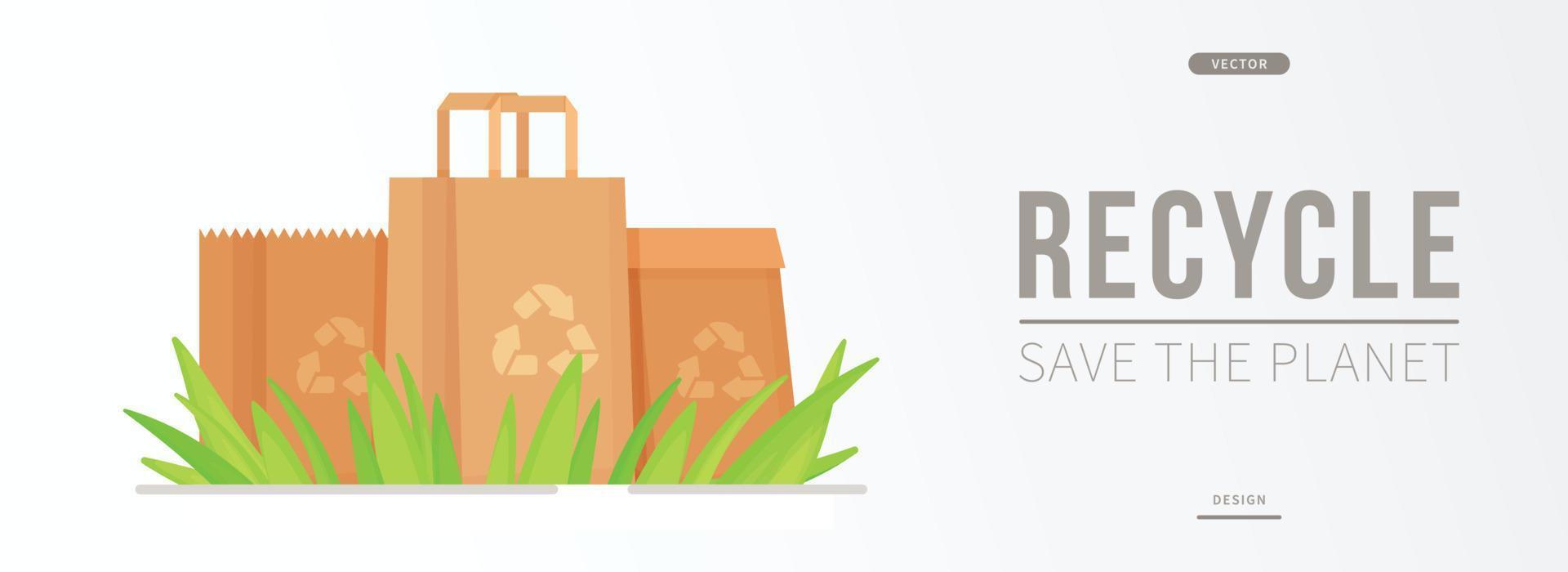 Vector illustration of recyclable paper bags. Cardboard bags standing in the grass.
