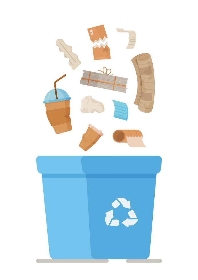 Cubo de basura con residuos orgánicos, reciclaje de basura, ilustración  vectorial