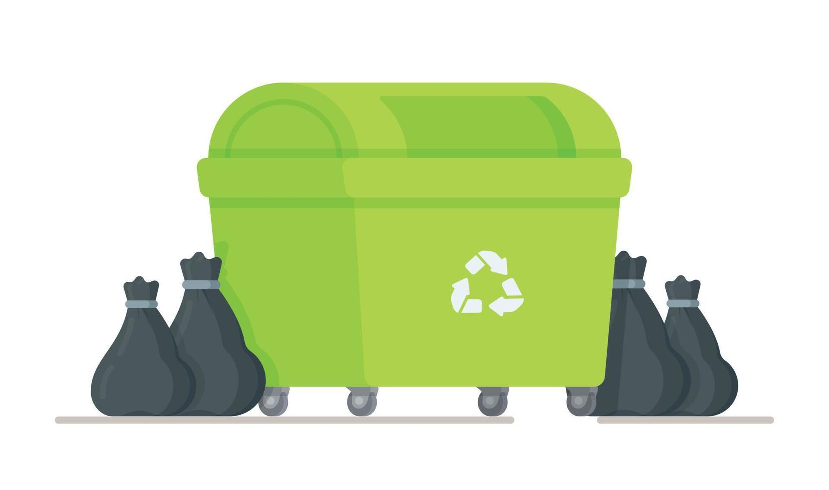 Green recycling garbage can. Garbage can with trash bags. vector
