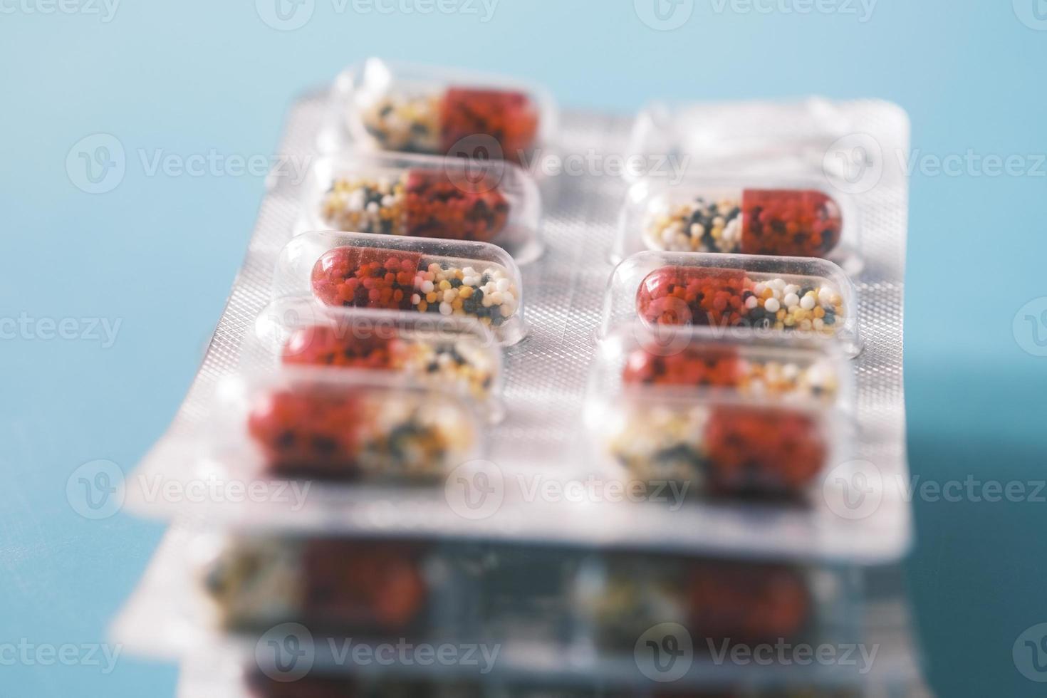 Close up of capsule f blister pack on table photo