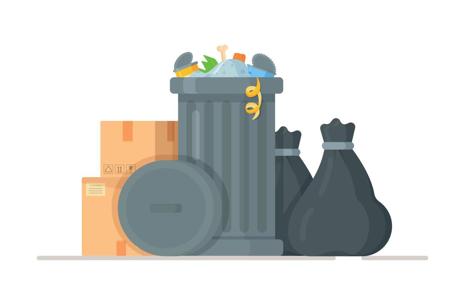 ilustración vectorial de bolsas de basura negras paradas cerca de un bote de basura. el concepto de basura. vector