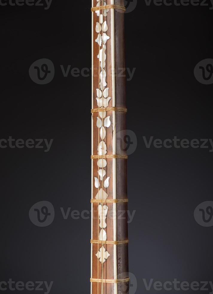 ancient Asian stringed musical instrument on black background with backlight. tuning peg photo