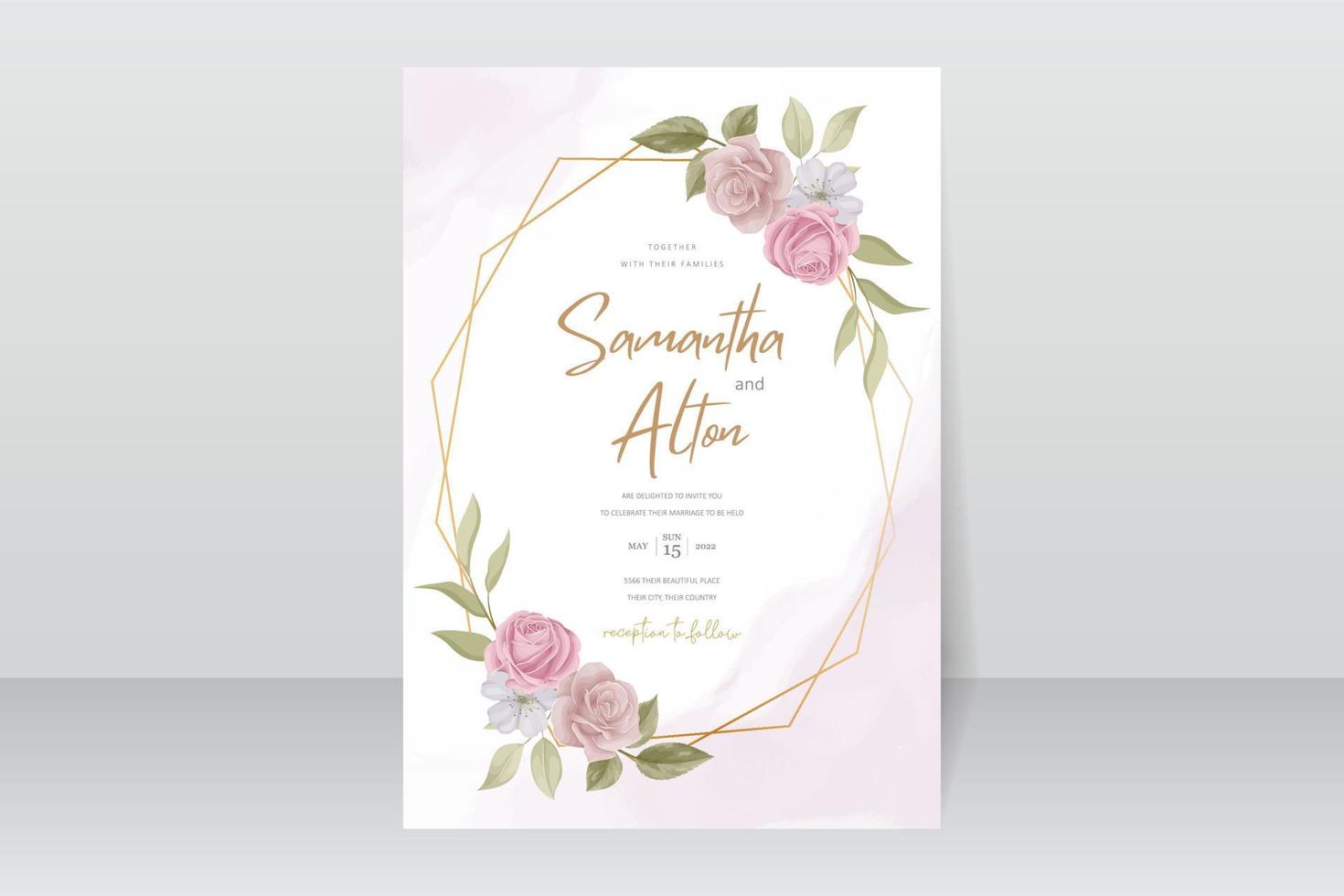 plantilla de invitación de boda con diseño de flor rosa vector