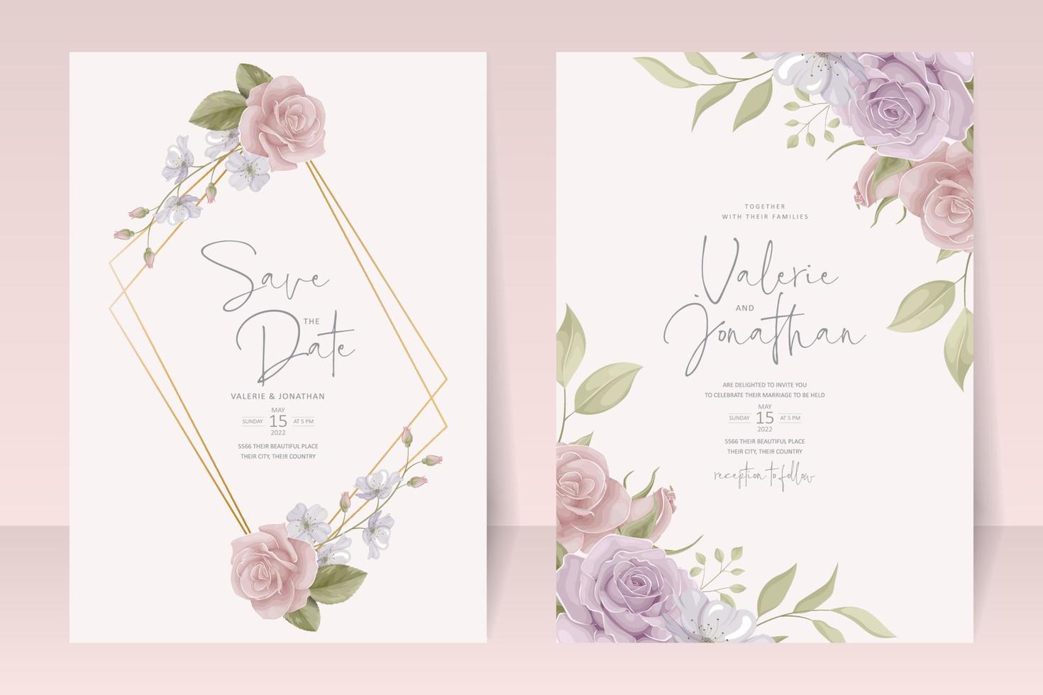 plantilla de invitación de boda con diseño de flor rosa vector