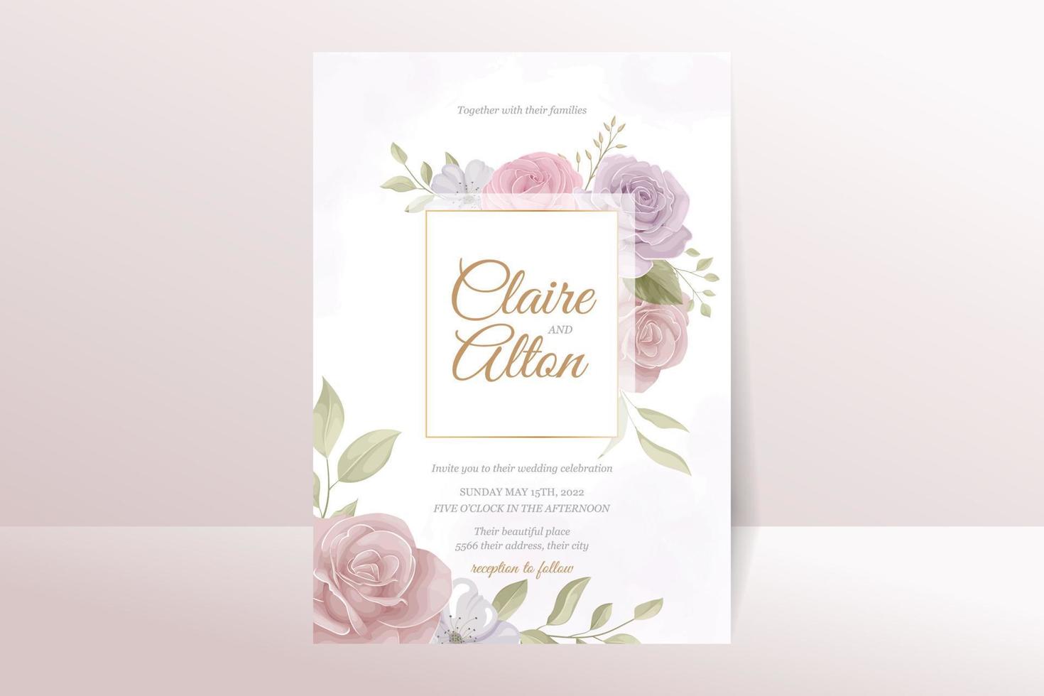 plantilla de invitación de boda con diseño de flor rosa vector