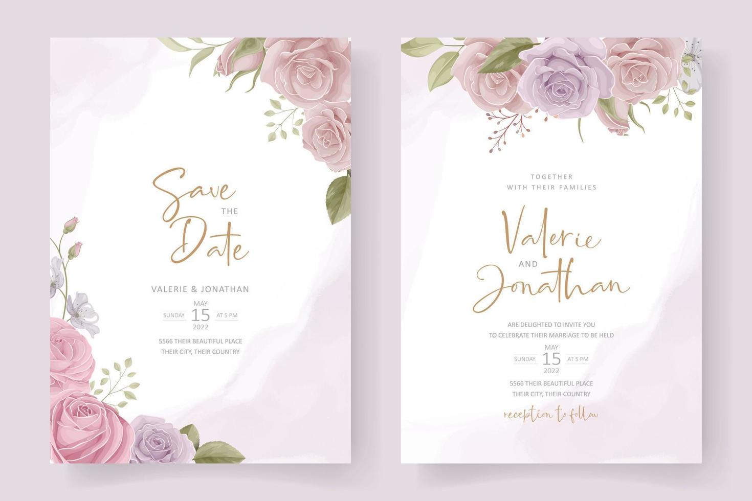 plantilla de invitación de boda con diseño de flor rosa vector