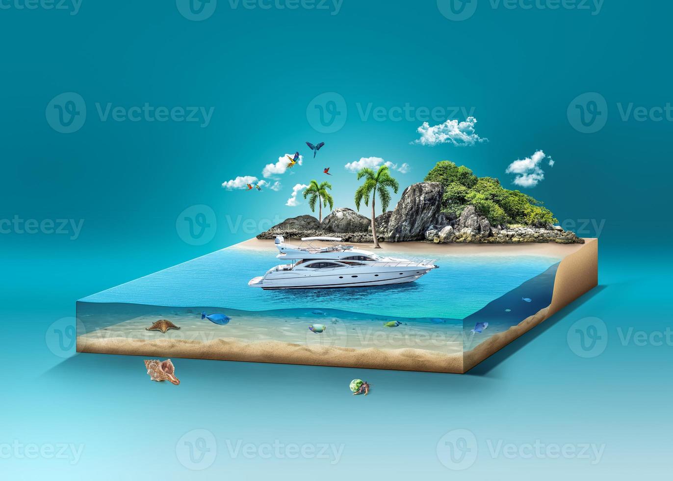 3d illustration of island paradise isolated, travel and tourism ads, luxury yacht on island isolated. photo