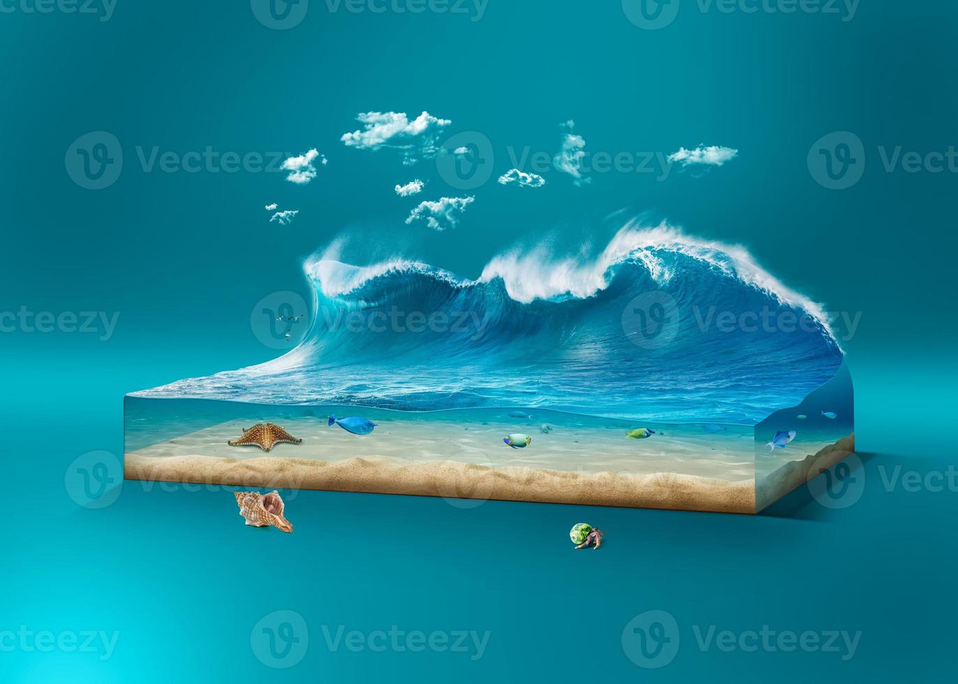 3d illustration of ocean isolated with clouds. Travel and vacation background. beautiful Surfing waves with underwater scene isolated. photo