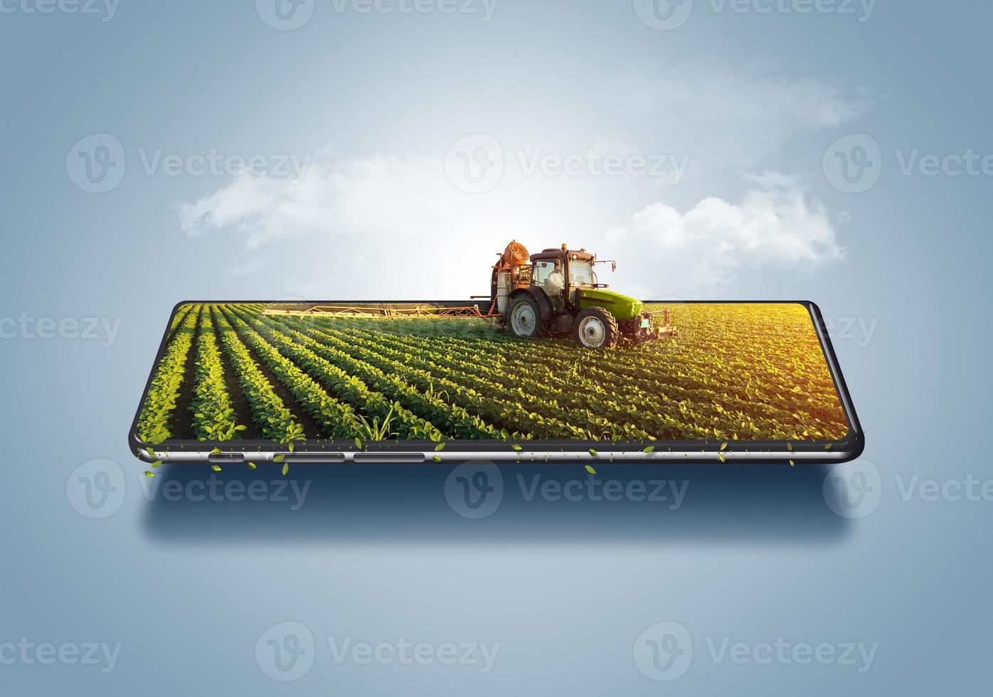 3d illustration of smart farming concept, tractor on a smartphone, farm online management ads, farming control technology online. photo