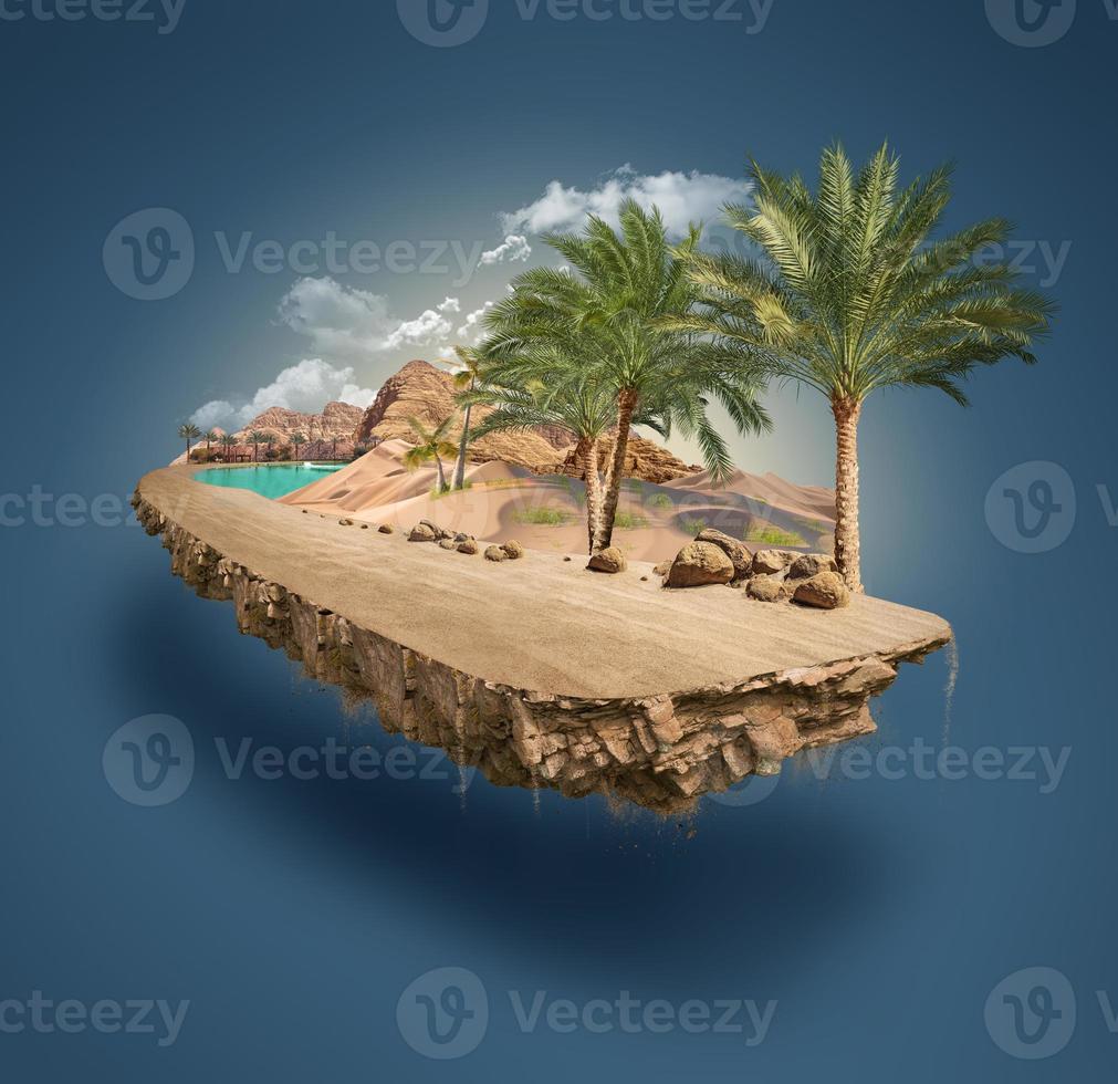 3d illustration of piece of desert isolated, creative travel and tourism off-road design with palm trees. unusual illustration photo