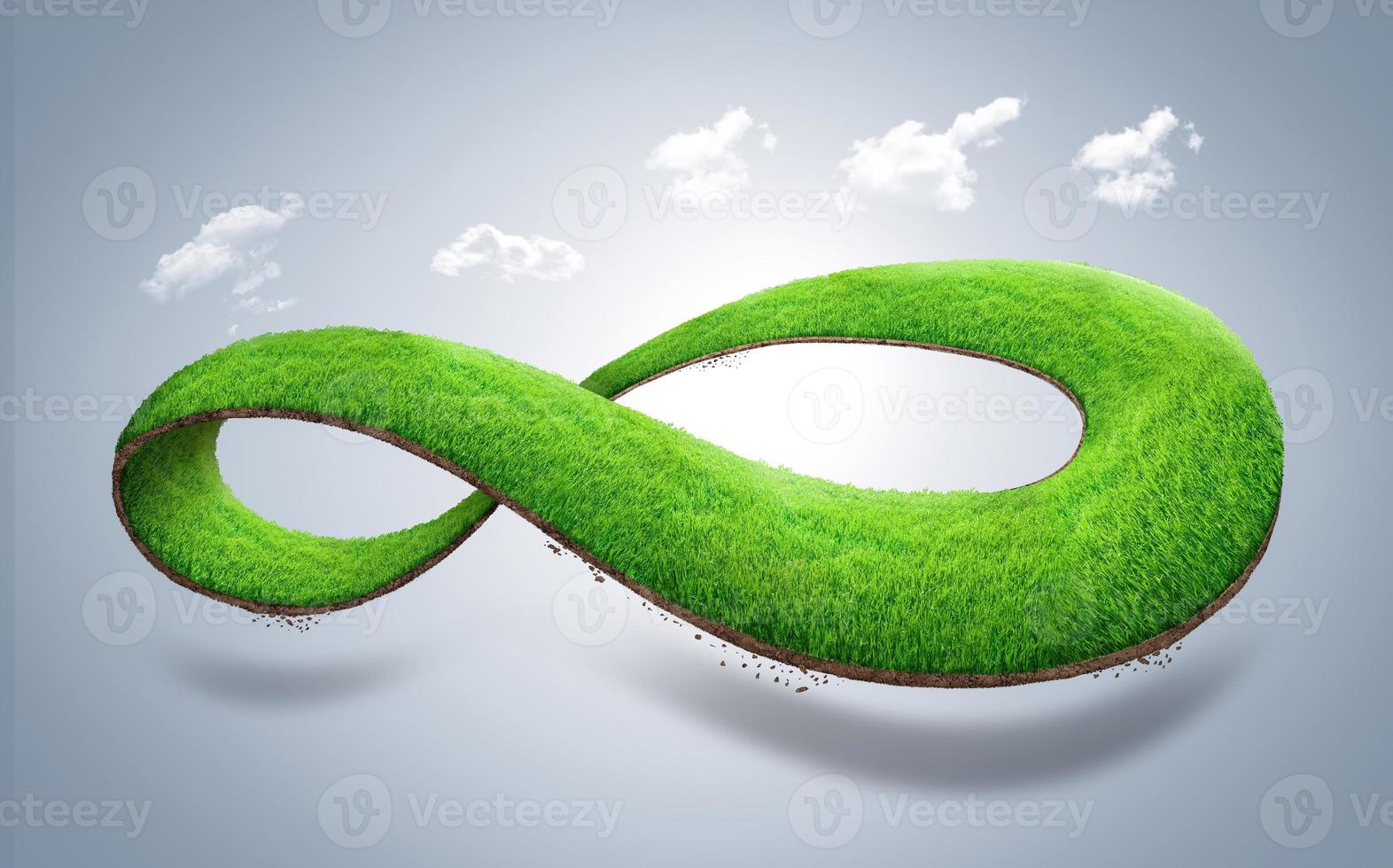 Ilustración 3d del concepto de entorno infinito. tierra infinita con hierba verde aislada. concepto de economía circular y ecológica foto