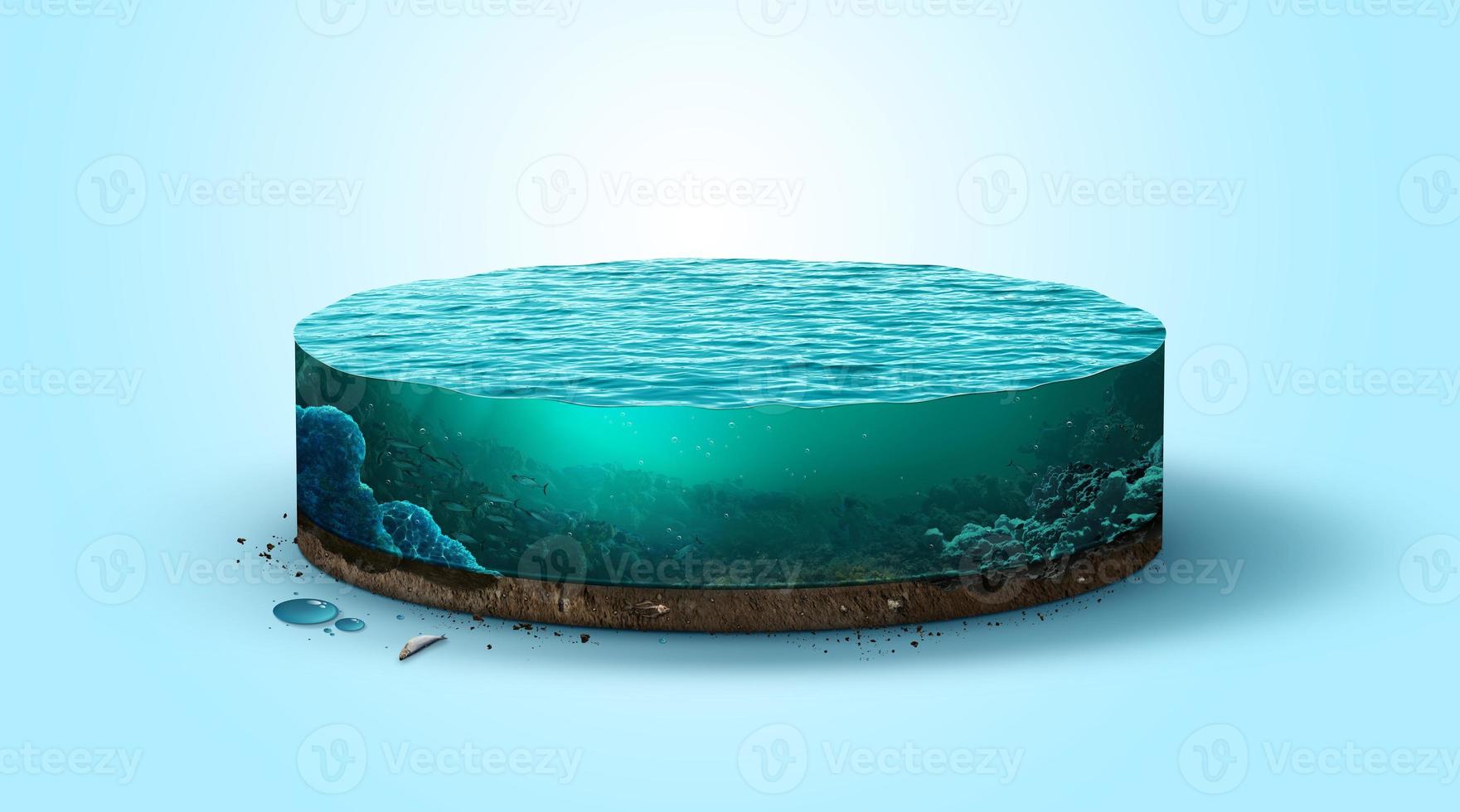 trozo de acuario u océano con peces dentro. Ilustración 3D de mar aislado. ilustración inusual foto