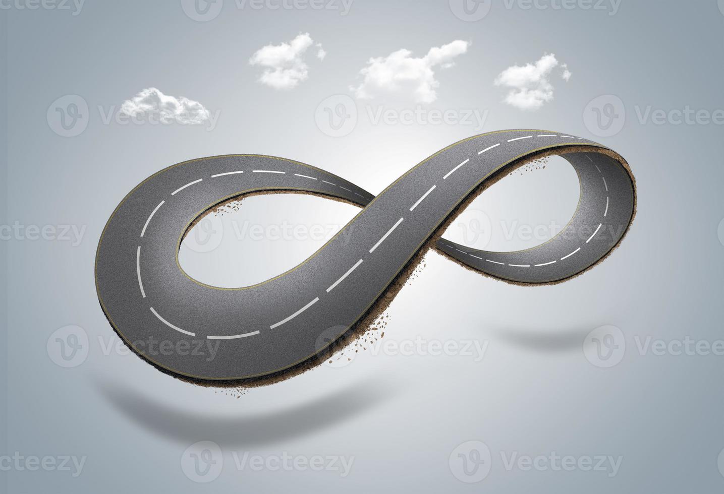 Ilustración 3d de carretera infinita con nubes o anuncio de diseño de carretera sin fin aislado foto