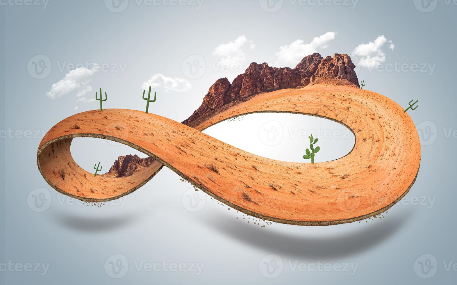 Ilustración 3d del desierto infinito fuera de la carretera con nubes o interminable publicidad de diseño fuera de la carretera foto
