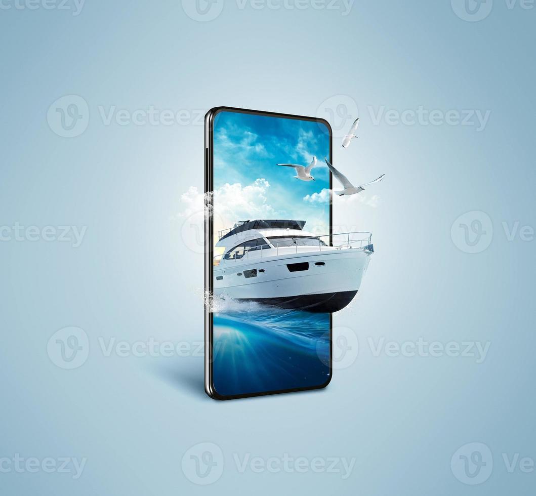 yacht creative design on smartphone. Online booking concept. Travel and tourism concept. Unusual travel 3d illustration photo