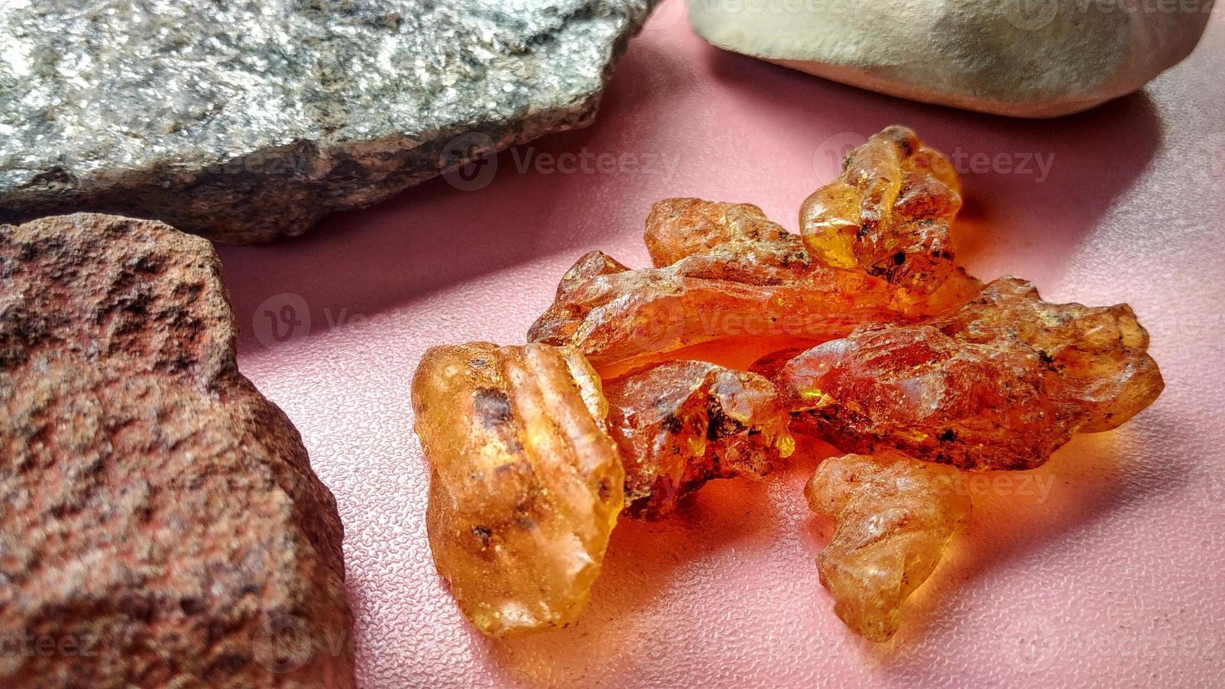 Resin sap is a natural sap from the Agathis borneensis tree, yellow light from central java, Indonesia. Isolated with scistmica, napal and chert, marl from geological collection rock, pink background. photo