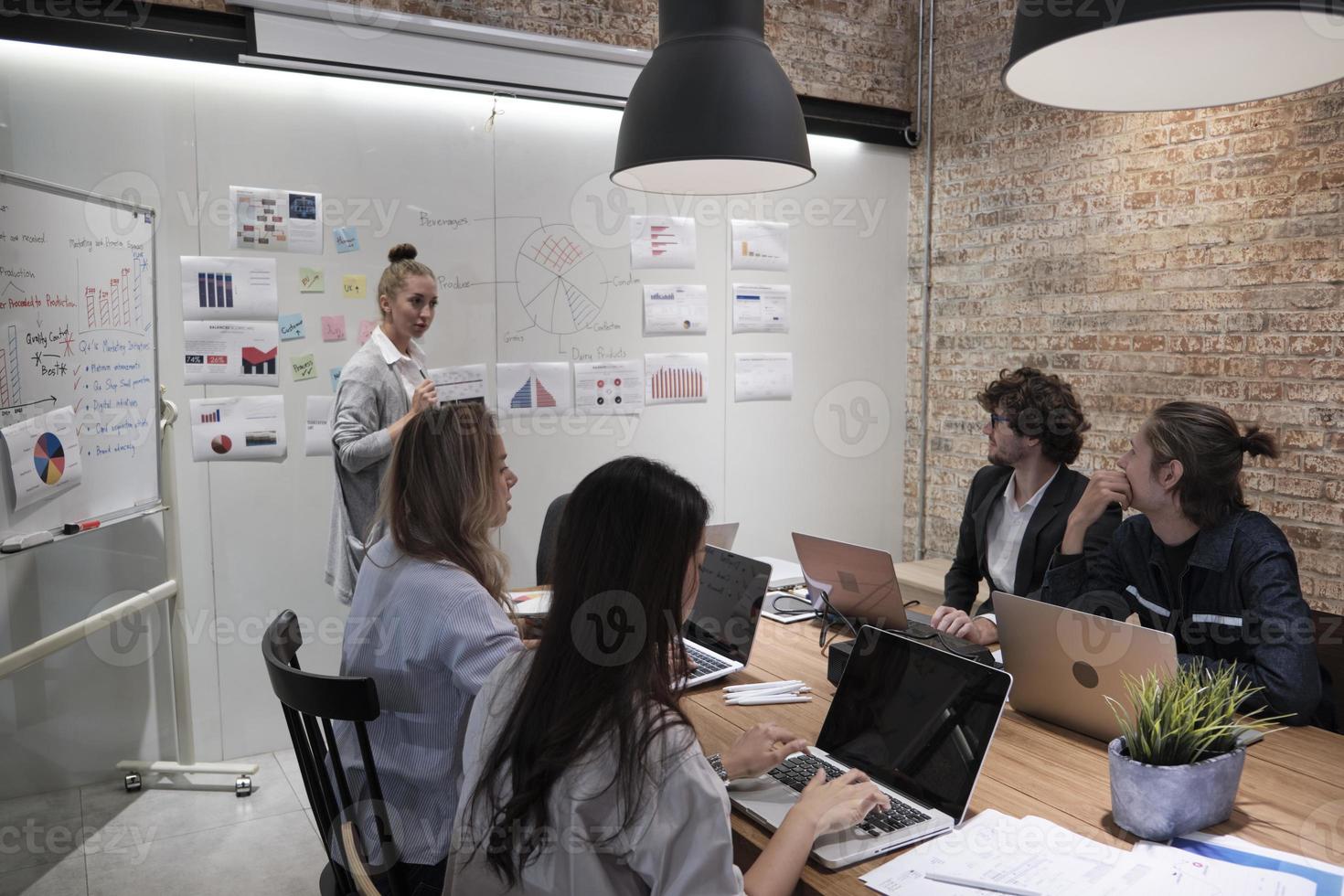 Meeting of a professional team, multiracial colleagues and coworkers brainstormed and presentation in conference room of business office with Cuacasian female boss, discussing finance and marketing. photo