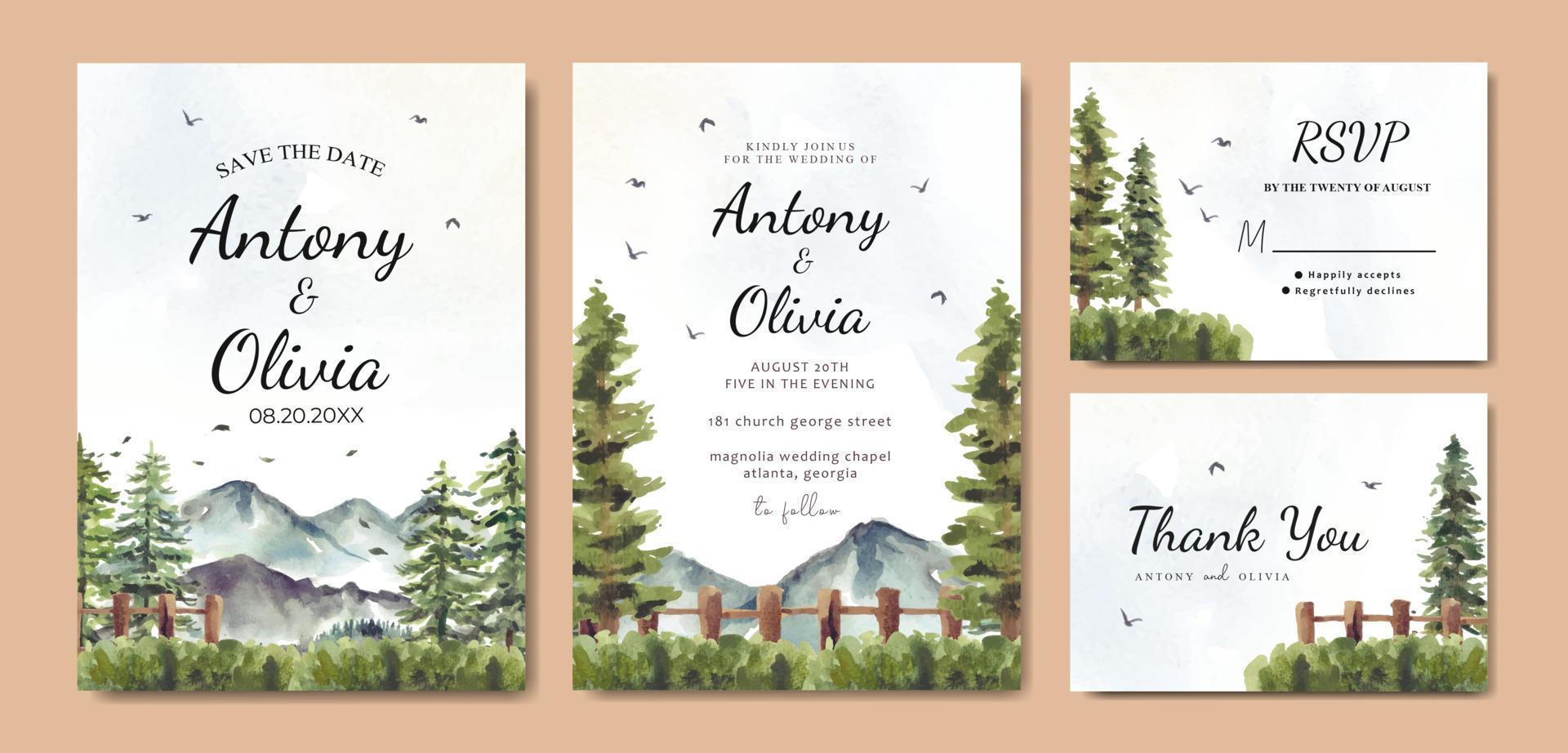 Watercolor wedding invitation set of mountain and pine trees vector