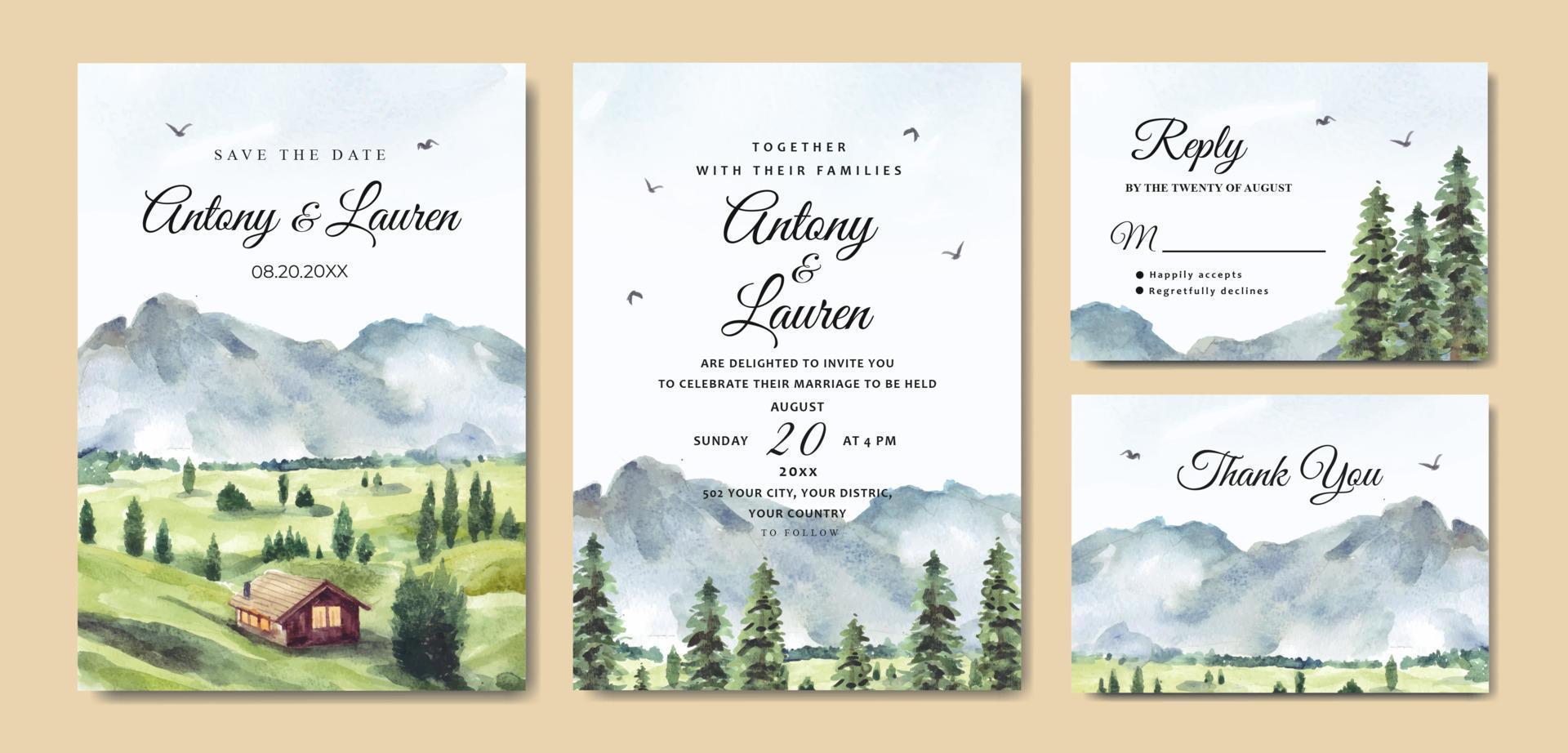 conjunto de invitación de boda de paisaje de naturaleza verde con acuarela de casa y montaña vector