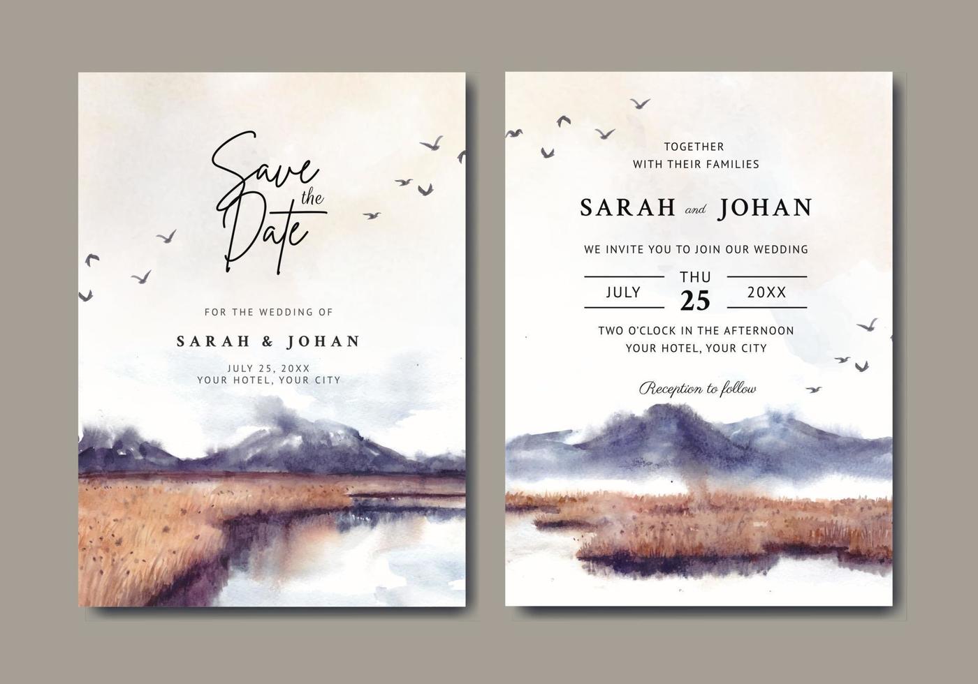 Wedding invitation with mountain and lake watercolor vector