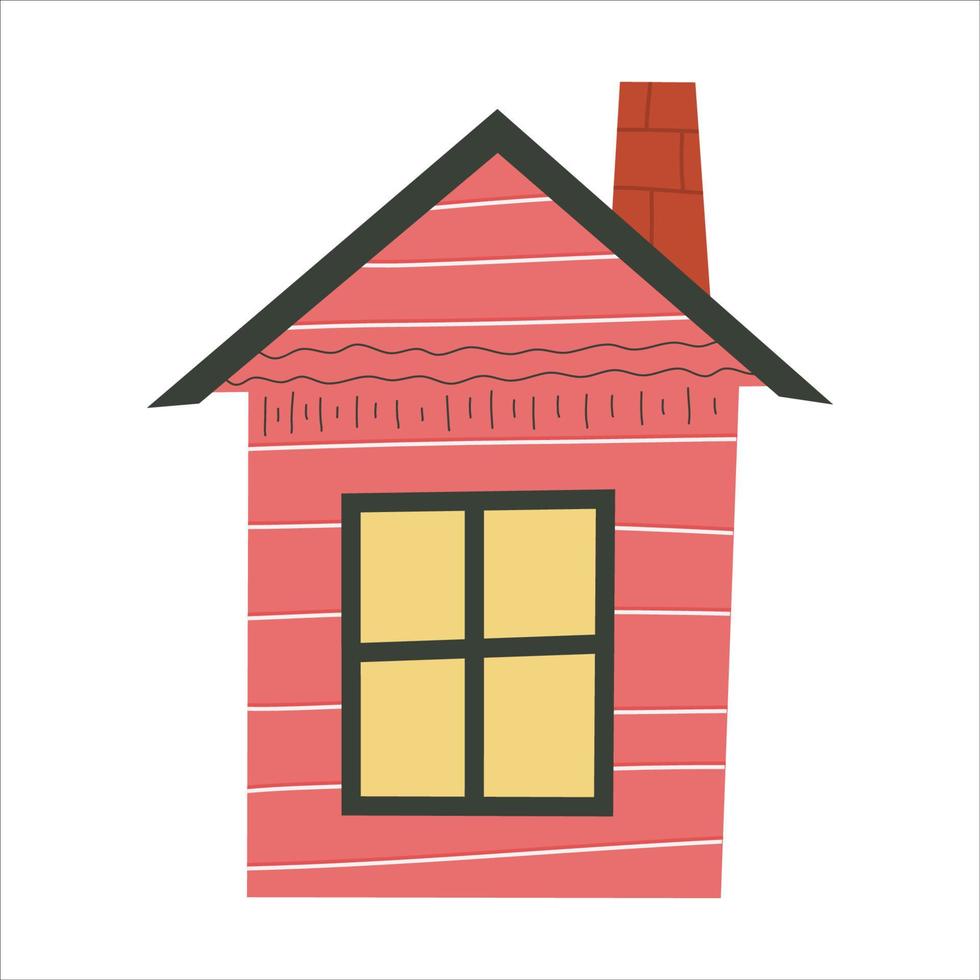 casa escandinava con ventana aislada sobre fondo blanco. techo con chimenea. diseño infantil plano. ilustración de moda dibujada a mano. adosado de colores. vector