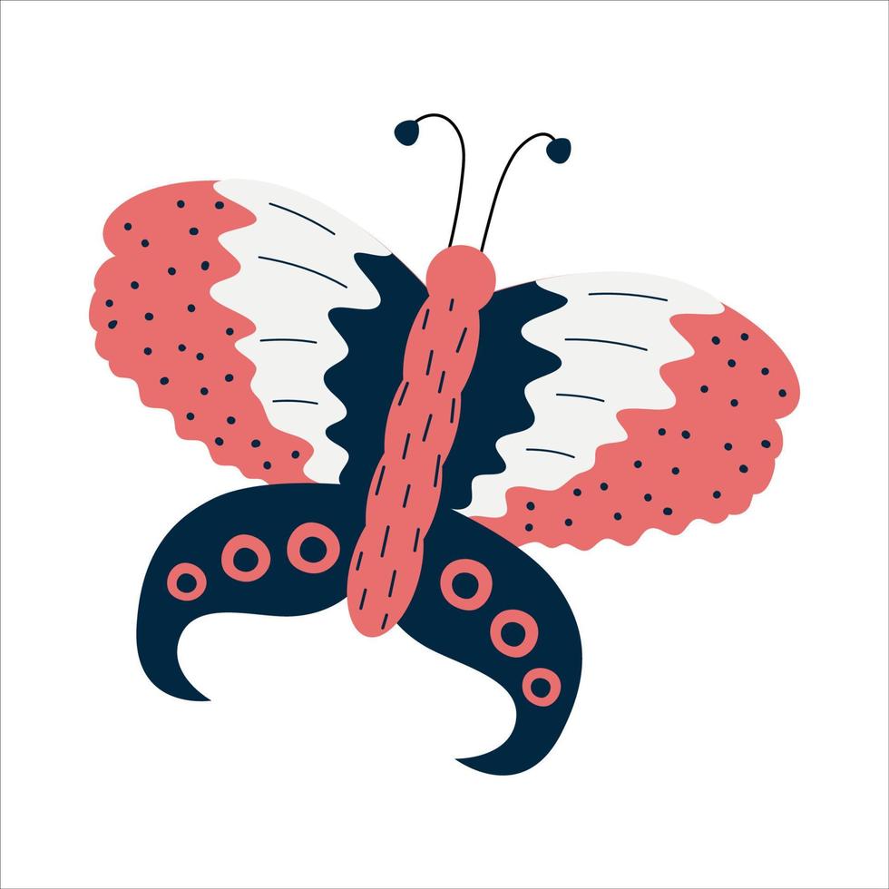 mariposa escandinava aislada. insecto con alas rojas y puntos. ilustración vectorial plana. diseño de mariposa para niños. vector dibujado a mano ilustración de dibujos animados de moda