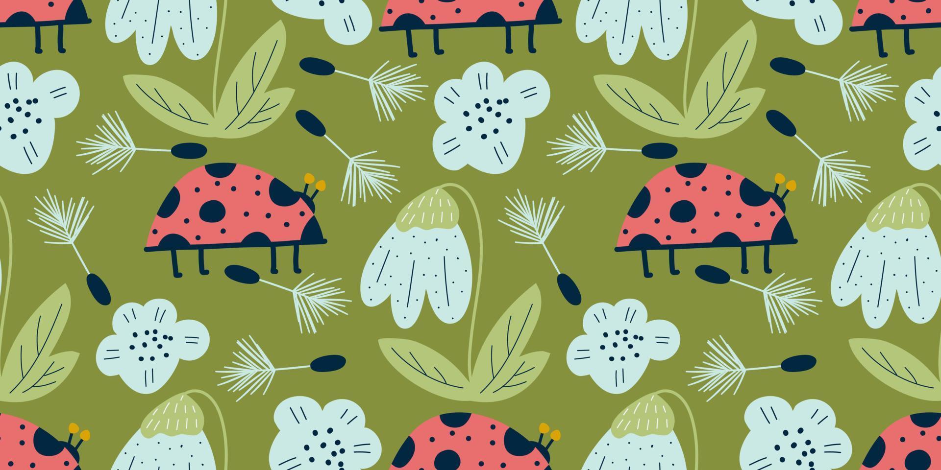 Pink scandinavian pattern with ladybird and rainbow. Seamless pattern with ladybug for spring. Boho scandinavian spring for kids design. Cute flat modern simple design vector