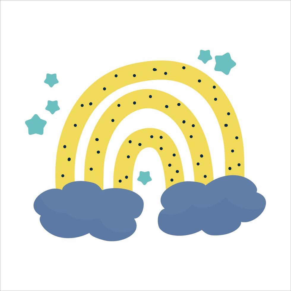 arco iris escandinavo amarillo con nubes y estrellas aisladas en un moderno estilo dibujado a mano. arco iris nórdico para niños. diseño de ilustración vectorial vector