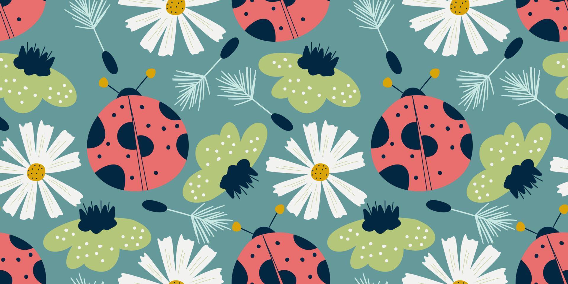 Seamless pattern ladybird and chamomile in scandinavian style. Nordic spring for kids textile. Summer floral scandinavian nursery print design. Ladybug with chamomile and dandelion flowers. vector