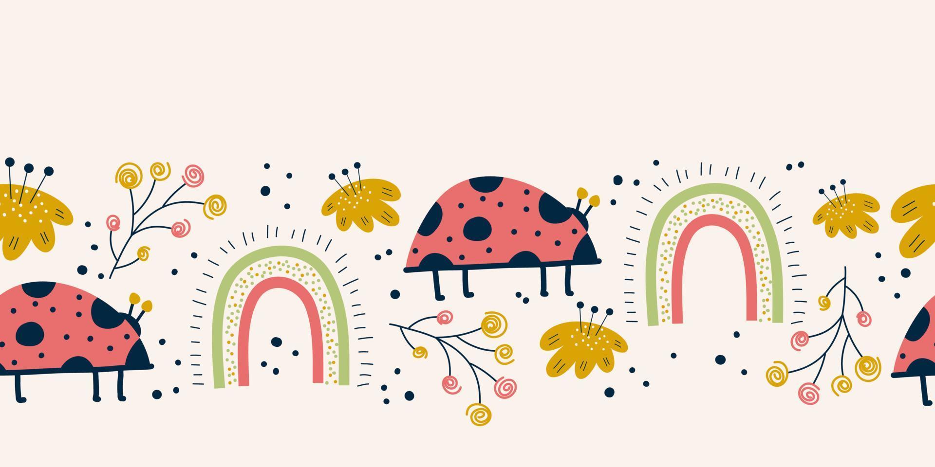 Seamless border with ladybug, rainbow and flower, pink background. Scandinvian Spring design. Insect ladybird with flowers and branches simple summer seamless printFlat Vector illustration
